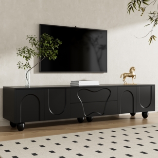 TV-Schrank Schwarz 180cm mit Naturholzbeinen ,modernes Lowboard mit Schubladen, Fächern und Stauraum