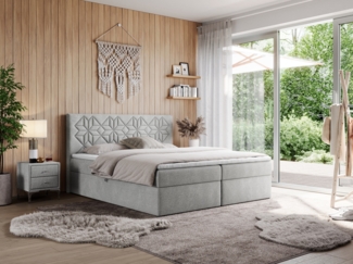 Boxspringbett, Doppelbett mit Multipocket-Matratzen und Topper, dekoratives Kopfteil - LEILA - 180 x 200 cm - Hellgrau Stoff - H3