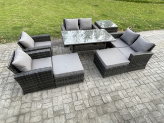 Fimous Polyrattan Gartenlounge Set 8 Stücke Outdoor Gartenmöbel-Set Set mit 2 Großer Hockern Beistelltisch Dunkelgrau gemischt
