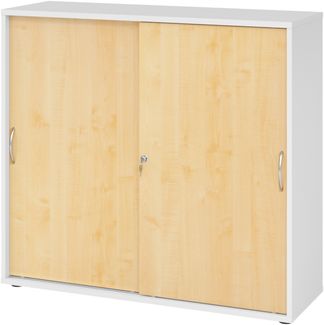 bümö Schiebetürenschrank 3OH - Aktenschrank abschließbar, Sideboard Schrank mit Schiebetüren in Weiß/Ahorn, Bogengriff - Büroschrank aus Holz mit Schiebetür, Büro Kommode für Ordner & Co, 1753S-W-3-BM