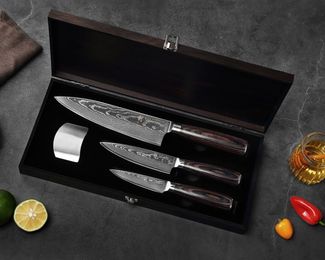 Wakoli Messer-Set EDIB Essentials 3er Damastmesser-Set Küchenmesser Kochmesser (Damastmesser mit Geschenkbox, 3-tlg, 3er Chefmesser-Set), VG10 Kern, 67 Lagen Damaststahl, Pakkaholzgriff, inkl. Geschenkbox