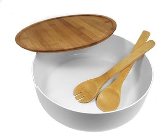 Spetebo Salatschüssel XXL Salatschüssel mit Bambus Deckel, Verbundstoff, (Packung, 1-tlg), Schale groß inklusive Holz Besteck