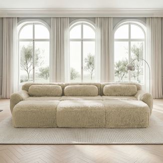 Sofa modular mit Sitzfläche variabel, Plüschbezug, 3‑Sitzer mit 3 Ottomans, Light Khaki,291*179*73 cm