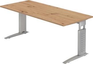 bümö® Schreibtisch U-Serie höhenverstellbar, Tischplatte 180 x 80 cm in Asteiche, Gestell in silbergrau