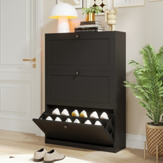 VOWNER Schuhschrank 3 Klappen, Schuhregal, 80 x 24 x 117 cm Schwarz