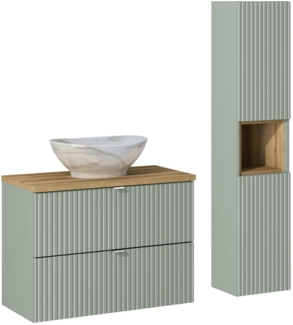 LINE REED GREEN Badmöbel-Set 80 cm mit einer Waschtischplatte, einem Pati-Aufsatzwaschbecken und einem Hochschrank (40x80cm), Reed Grün,Eichenküste Evoke