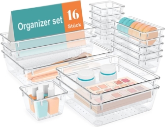 Refined Living Organizer Schubladen Organizer set, Schubladen Ordnungssystem, Aufbewahrungsbox (Make Up Organizer, 16 Stück Schubladen Organizer mit 5 Größen, Küche Organizer, Schminktisch Organizer, Organizer stapelbar, schreibtisch schubladen schubla...