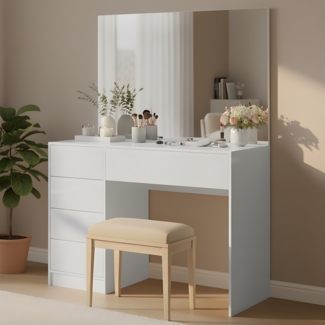 Bellamio 'Livny' Schreibtisch mit 5 Schubladen, beidseitig montierbar, weiß Hochglanz, 80x53x110 cm, inkl. Spiegel, 110x70 cm