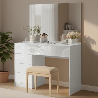 Bellamio 'Livny' Schminktisch mit Spiegel, mit 5 Schubladen, beidseitig montierbar, weiß Hochglanz, 80x53x110 cm