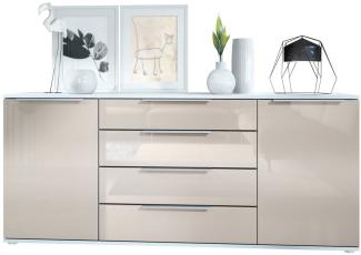 Vladon Sideboard Linio V2 166,5 x 72,5 x 35 cm Anrichte mit 2 Türen und 4 Schubladen, Korpus in Weiß matt, Fronten in Sandgrau Hochglanz