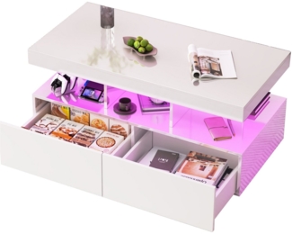 FUROKOY Couchtisch Kaffeetisch Beistelltisch Wohnzimmer Wohnzimmertisch mit 2 Schubladen (Kaffeetisch, 1-St, Sofatisch), 104x46x53 cm,Glatter Desktop,mit LED-Beleuchtung,Weiß