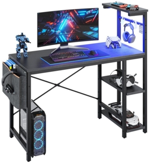 Bestier Computertisch Gamingtisch, Schreibtisch organizer, Computertisch mit Regal (113/155cm, Verstellbarer Schreibtisch Rechts oder Links, Bürotisch mit LED-Beleuchtung), für Heimbüro, Raum