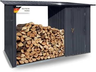 Albatros Profi Gerätehaus M –Geräteschuppen mit Holzunterstand für 2,3m³ Holz, verzinktes Metall in Anthrazit (RAL 7016) | 266 x 127 x 161 cm | wetterfest