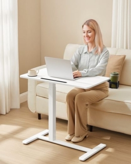 VASAGLE Beistelltisch mit Rollen, mobiler Stehtisch, 80 x 45 cm große Tischplatte, verstellbare Höhe, 2 Getränkehalter, Schlitz für Handy oder Tablet, wolkenweiß