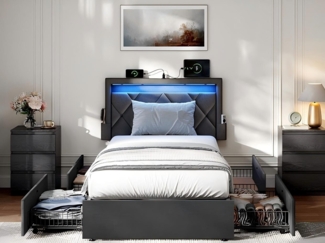 VASAGLE Einzelbettgestell, Bettgestell, 90 x 200 cm, LED, Metallbett, 4 Schubladen, Ladestation, verstellbares gepolstertes Kopfteil, dunkelgrau