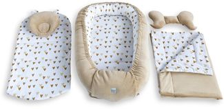 Loolay Kuschelnest BABYNEST 5 TLG. Set PREMIUM Babyausstattung Baumwolle & Samt Velours, (MUSTER: BEIGE Samt Velour/ Herzchen Beige Braun, 5-tlg, Liebevoll handgefertigt Nestchen! Geborgenheit Komfort für Neugeborene), Premium Ausstattung - 100% Europä...
