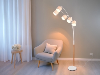 Große Bogenlampe LUVA mit Holzfuß & Stoffschirmen aus Leinen, Höhe 200cm