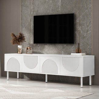 REDOM Lowboard mattweiß mit 3D-Relieftüren (Wohnzimmermöbel, Fernsehschrank, 1 St, 4 kunstvolle 3D-Relieftüren), matte Oberfläche, Kabelmanagement