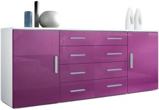 Vladon Sideboard Faro V2, Kommode mit 2 Türen und 4 Schubladen, Weiß matt/Brombeer Hochglanz (166 x 72 x 35 cm)