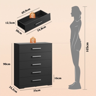 WLIVE Kommode mit 4/5 Schubladen, Moderne Schubladenkommode (Packung, Modernes Sideboard mit 5 Schubladen und 4 Fächern, Breite 75 cm), Vielseitiger Schubladenschrank für Schlafzimmer, Flur & Kinderzimmer