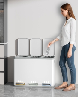 Mülleimer Küche, Mülltrennsystem 3 Fächer 45L (3 x 15 L), Edelstahl-küchenmülleimer, Tretmülleimer mit Farbcodierbaren Pedalen, Abfalleimer Ruhiger Langsamer Abstieg, Weiß