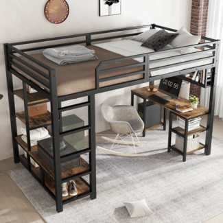 Merax Hochbett, Kinderbett 120x200cm Eisenbett, Mit Schreibtisch und Ablagefläche, Stabile Lattenroste, 4-stufige Leiter, Schwarz