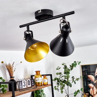 »Pratomagno« moderne Deckenlampe aus Metall in Schwarz/Goldfarben m. verstellbaren Strahlern, Leuchte im Retro/Vintage-Design mit Lichteffekt, 2-flammig, 2 x E14 max. 40 Watt, LED geeignet