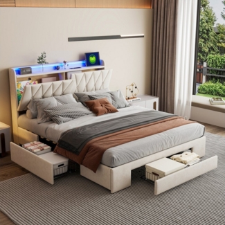 PXloue Polsterbett Stauraumbett mit Bettkasten LED Doppelbett, mit LED-Beleuchtung, 3 Schubladen, 160x200 cm, Ohne Matratze