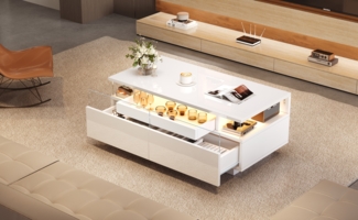 Couchtisch mit LED, 2 Acryl-Schubladen, herausnehmbarem Tablett & gehärtetem Glas, 90 x 45 x 35,5 cm, Weiß