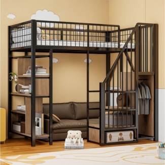 Flieks Hochbett Metallbett Kinderbett 90x200cm mit Stauraumtreppe und Ablageregal