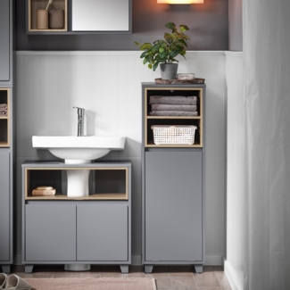 SoBuy Wäscheschrank BZR146, Badezimmerschrank Badkommode Badschrank Schrank freistehend Wäscheschrank mit 1 Wäschebox und 2 offenen Fächern, Badezimmer
