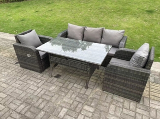 Fimous Dunkelgrau Polyrattan Gartenmöbel-Set 3 Sitzer Sofa Liegestuhl Outdoor Rechteckiger Esstisch 5 Sitzer