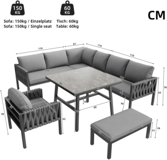 Merax Gartenmöbelset für 6-7 Personen, Seilgartenmöbelset mit verzinktem Eisengestell, verstellbare Beine, Ecksofa, Tischplatte aus gehärtetem Glas, inklusive aller Sitz- und Rückenkissen, grau