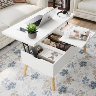 VOWNER Couchtisch mit klappbarer Arbeitsplatte, umwandelbar zum Esstisch, mit Holzbeinen (1-St), 3-in-1-Multifunktions-Wohnzimmertisch mit versteckter Aufbewahrung