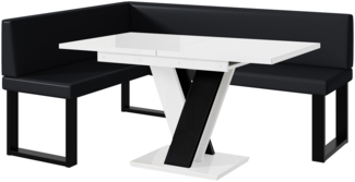 MEBLINI Eckbank für Esszimmer mit ausziehbarem Tisch - Küchenbank - Essecke - Sitzecke Küche - TONI - U-Beine 128x168x87cm Links - Schwarz Kunstleder/M Weiß-Schwarz Hochgl.