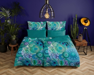 hip Wendebettwäsche Kari, Satin, 2 teilig, Mako-Satin, 135x200, Reißverschluss, Wendeoptik, Mandala, Federn, Grün