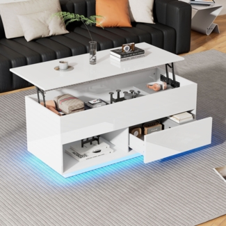 Couchtisch 100×50×55 cm, höhenverstellbar, LED-Beleuchtung, Hochglanz weiß, moderner Wohnzimmertisch
