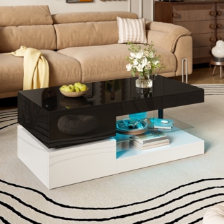 Moderner Couchtisch mit LED-Ambientebeleuchtung,90×45×35.5 cm, Weiß + Schwarz,modernes Design, viel Stauraum