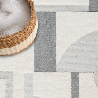 Teppich Rund 160x160cm - Creme-Grau Geometrische Muster Boho Design Flachflor Hochtief Struktur Bodenbelag Deko