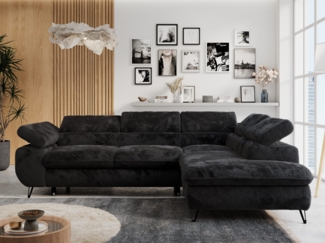 Ecksofa mit Bettfunktion, Modern Sofa, L-form, Einstellbare Kopfstützen, Bettkasten - PETER - Schwarz Plüsch - Topper T25 - rechts