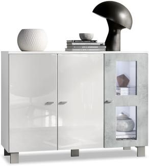 Vladon Sideboard Denjo, Kommode mit 3 Türen, Weiß matt/Weiß Hochglanz/Beton Oxid-Optik, inkl. LED-Beleuchtung (107 x 81 x 35 cm)
