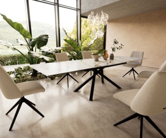 Esstisch Edge 200-300x100 Keramik Calacatta Luxe Weiß-Gold-Grau Kreuzgestell Rechteck Schwarz ausziehbar