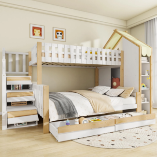 Etagenbett mit 2 Liegeflächen, Treppe, Regal, Schrank und Lattenrost, 90x200cm/140x200cm, Kinderbett mit Rausfallschutz, Hausbett