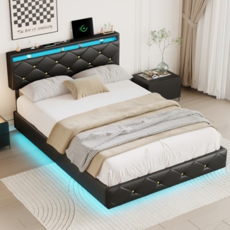Schwebendes Bett 160x200 cm mit LED, USB-A & USB-C Anschlssen, verstellbare gepolsterte Kopfteil, mit Lattenrost, graues Leinen