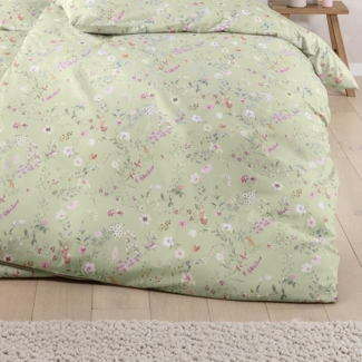 Estella Mako Satin Bettwäsche Dilara 7529-550 Blumen Grün Rosa 135x200
