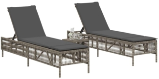 2 Sonnenliegen mit Tisch Grau Poly Rattan