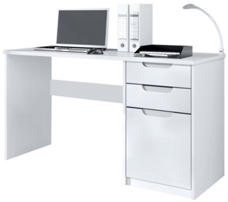 Vladon Schreibtisch Logan (Bürotisch, mit 2 Schubladen und 1 Tür), Weiß matt/Weiß matt (129 x 76 x 60 cm)