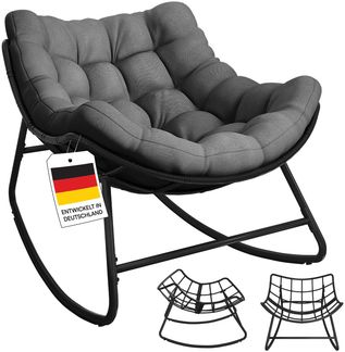 STEELSØN 'Veldora' Schaukelstuhl, schwarzes Polyrattan, Kissen anthrazit, ergonomischer Relaxsessel, bis 125kg, XXL Schaukelsessel 75×100×65 cm