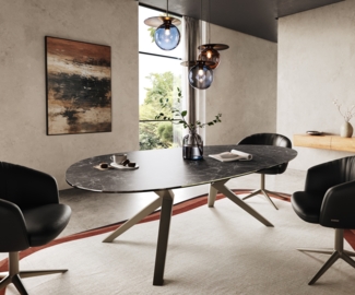 Esstisch Edge Oval 220x120 Keramik Laminam® Nero Greco Anthrazit Zenthara kantig Metall Effektfinish Titan