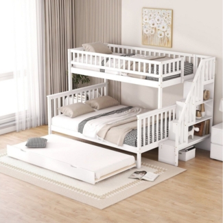 HAUSS SPOLE Kinderbett Etagenbett Hochbett Kinderbett Stockbett mit Lattenrost Bettrahmen (mit Rollbett und Treppe, weiß, 90x200 über 140x200 Etagenbett), Ohne Matratze